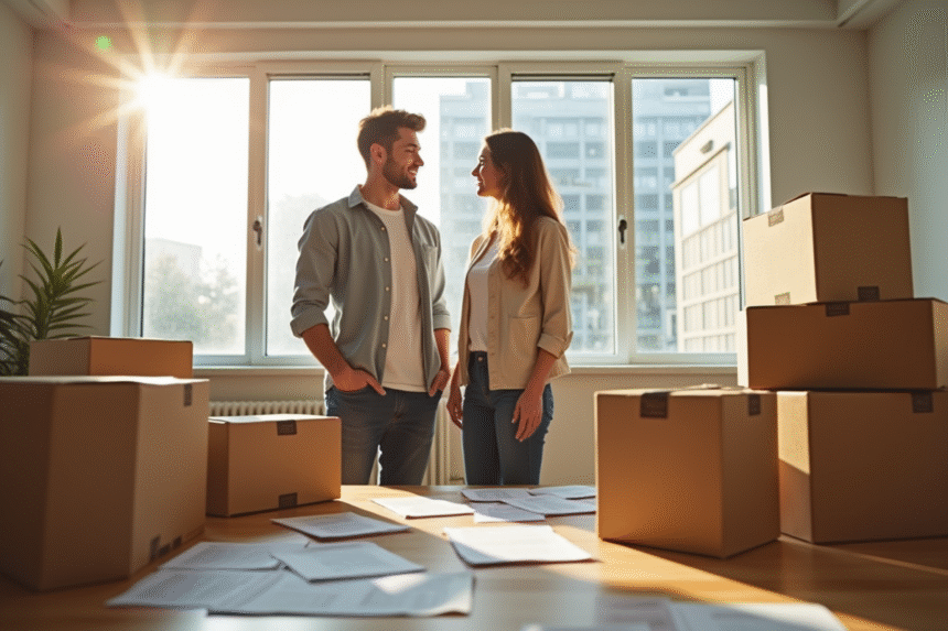 Jeune couple dans leur nouveau logement avec cartons et papiers