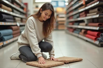 Jeune femme compare deux tapis dans un magasin moderne