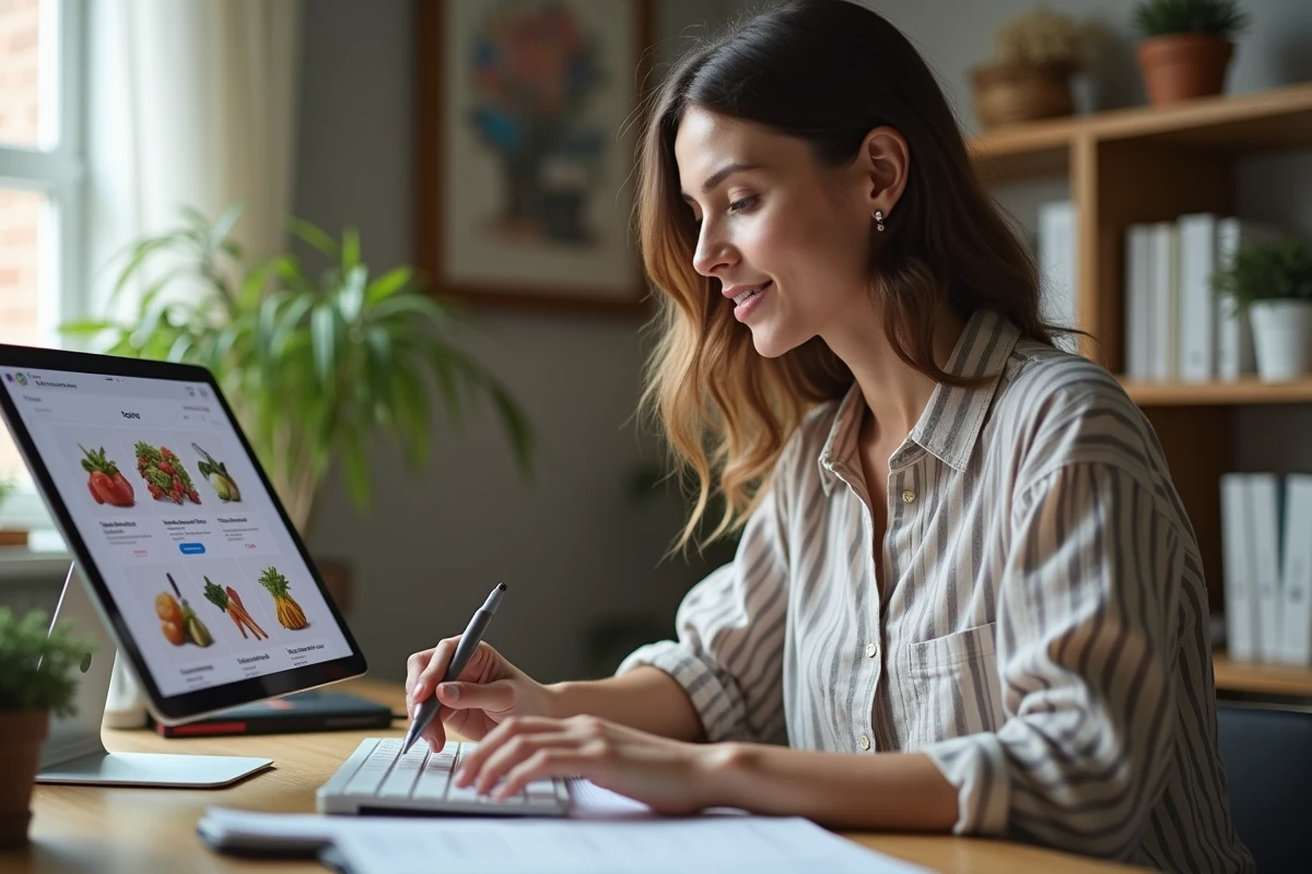 Jeune femme faisant ses courses Carrefour en ligne sur tablette depuis son bureau à domicile avec liste de courses