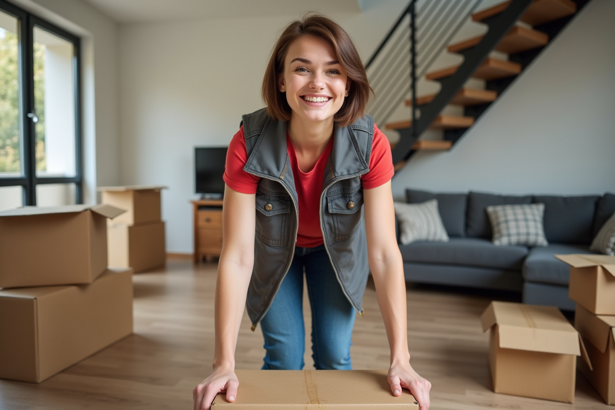 Jeune femme organisant des cartons dans une maison