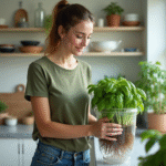 Jeune femme touchant les racines d basilic en hydroponie