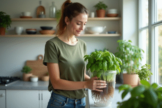 Jeune femme touchant les racines d basilic en hydroponie