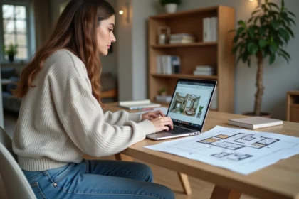 Jeune femme analysant un plan intérieur généré par IA dans un salon scandinave