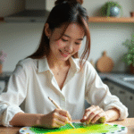 Jeune femme en blanc mélangeant peinture verte et jaune