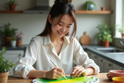 Jeune femme en blanc mélangeant peinture verte et jaune