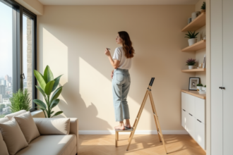 Jeune femme peignant un mur beige dans un salon moderne