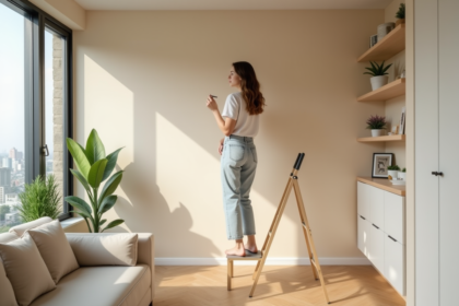 Jeune femme peignant un mur beige dans un salon moderne
