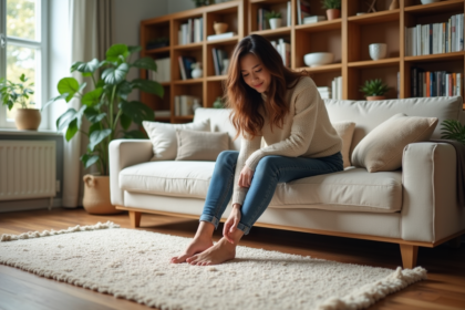 Jeune femme assise sur un canapé moderne dans un salon lumineux
