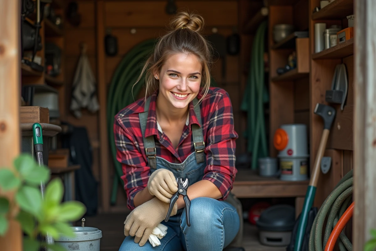 Jeune femme dans un atelier de jardinage nettoie des sécateurs