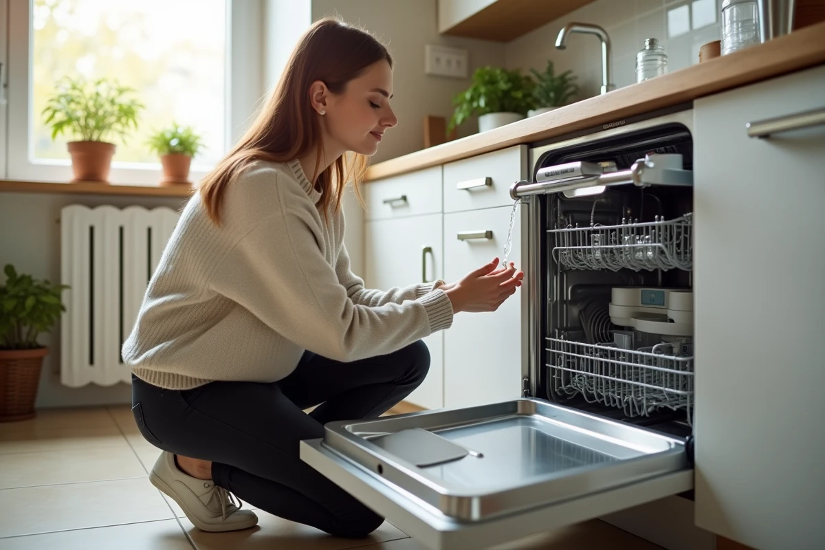 Jeune femme inspecte les connexions du lave-vaisselle récent