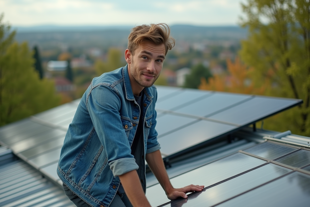 Jeune homme installant des panneaux solaires sur le toit