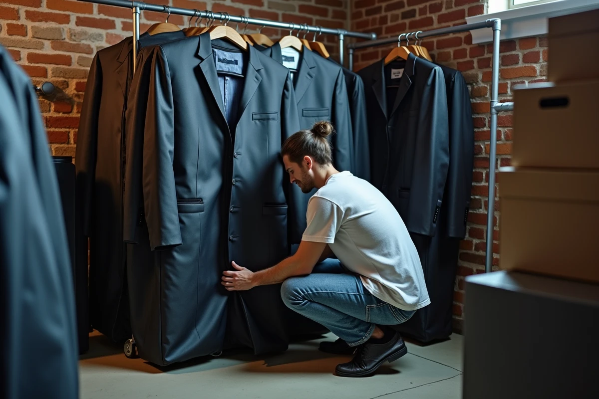 Jeune homme vérifiant un costume dans un sous-sol bien rangé