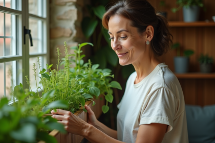 Femme d'âge moyen dans un jardin vertical intérieur