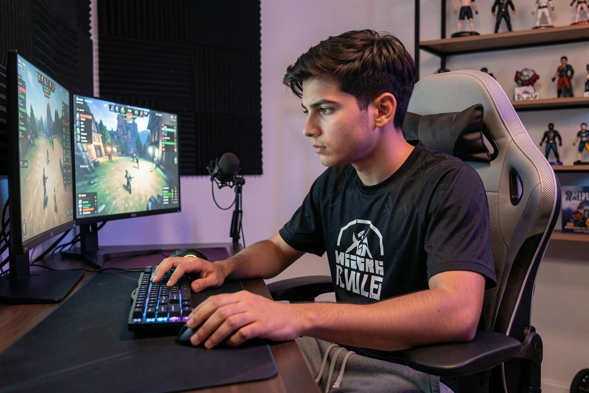 Joueur esports concentré dans sa chambre gaming décorée avec double écran, micro streaming et setup professionnel