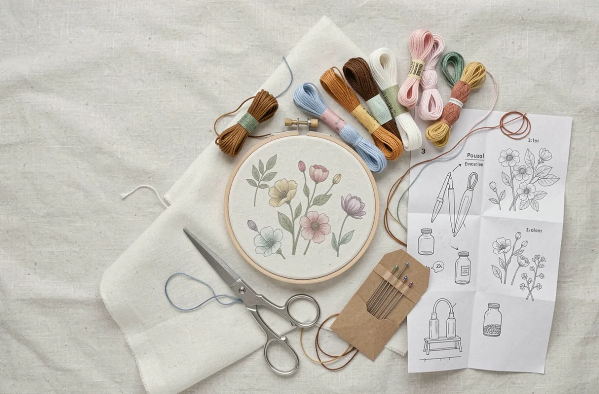 Kit de broderie pour débutant pas cher avec tambour, fils colorés, aiguilles et patron floral posés à plat sur lin blanc