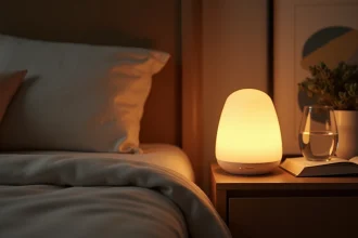 Lampe de chevet en forme de champignon tactile posée sur une table de nuit en bois avec un livre ouvert et un verre d'eau, ambiance cosy chambre à coucher