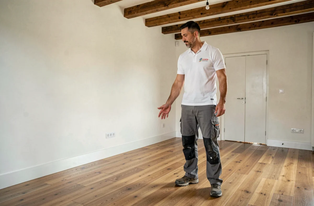 Laurent Bouffies présentant un intérieur fraîchement rénové avec parquet en bois et poutres apparentes