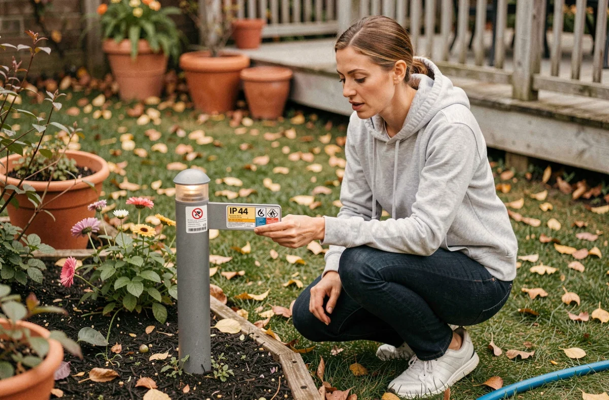 Femme examinant un luminaire de jardin certifié IP44 dans un parterre de fleurs en automne