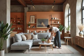Intérieur d'un magasin de décoration à Lyon avec un espace loft aménagé, canapé gris, étagères en chêne et accessoires design