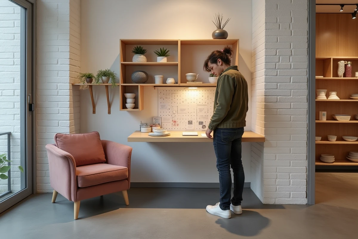 Client dans un magasin de décoration à Lyon examinant des meubles et accessoires pour studio compact avec étagères modulables