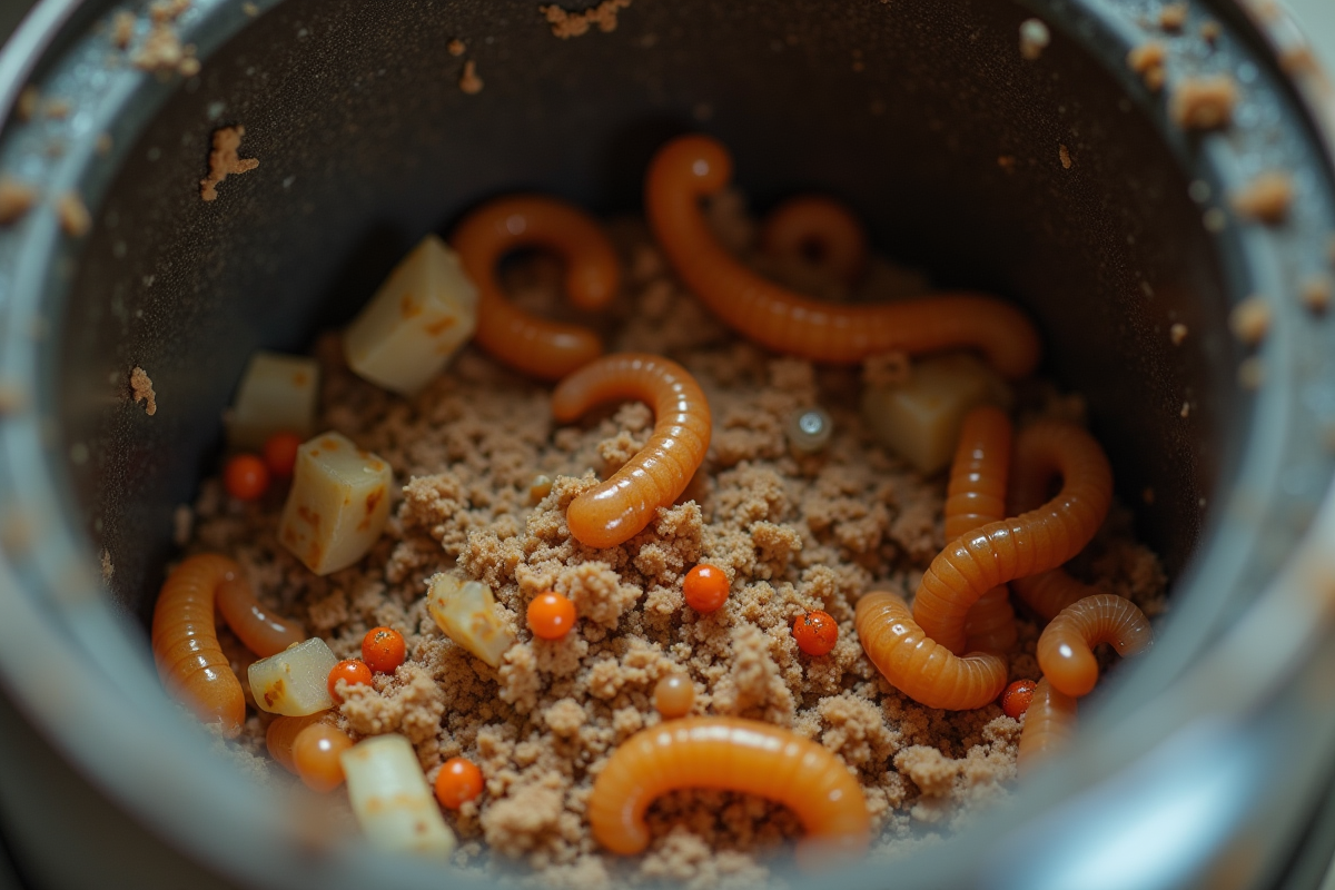 Zoom sur des asticots dans une poubelle de cuisine