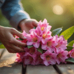 Mains de jardinage manipulant un rhododendron en extérieur