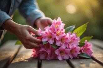 Mains de jardinage manipulant un rhododendron en extérieur