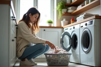 Maman chargeant le lave-linge familial dans la buanderie moderne