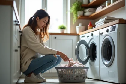 Maman chargeant le lave-linge familial dans la buanderie moderne