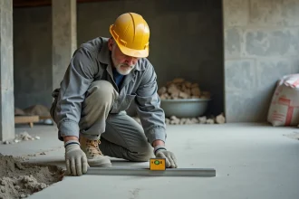 Ouvrier mesurant l'épaisseur d'une chape de béton de 5 cm avec une règle en acier sur un chantier intérieur