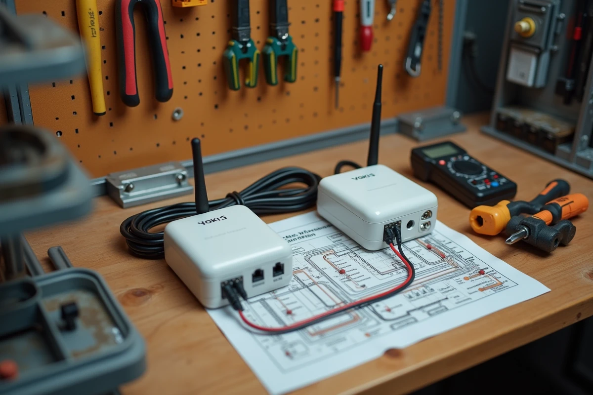 Modules Yokis va-et-vient sans fil disposés sur un établi avec outils électriques et schéma de câblage