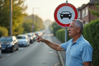 Moniteur d'auto-école expliquant le panneau B34 interdiction de dépasser sur une route de banlieue