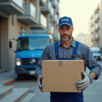 Homme en bleu portant une caisse dans une rue urbaine
