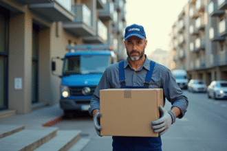 Homme en bleu portant une caisse dans une rue urbaine