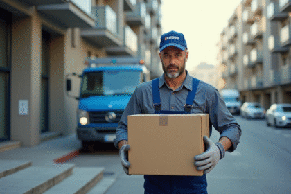 Homme en bleu portant une caisse dans une rue urbaine