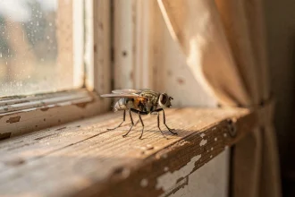 Mouche posée sur le rebord d'une fenêtre en bois ancienne dans une maison rustique, symbolisant les croyances populaires et spirituelles