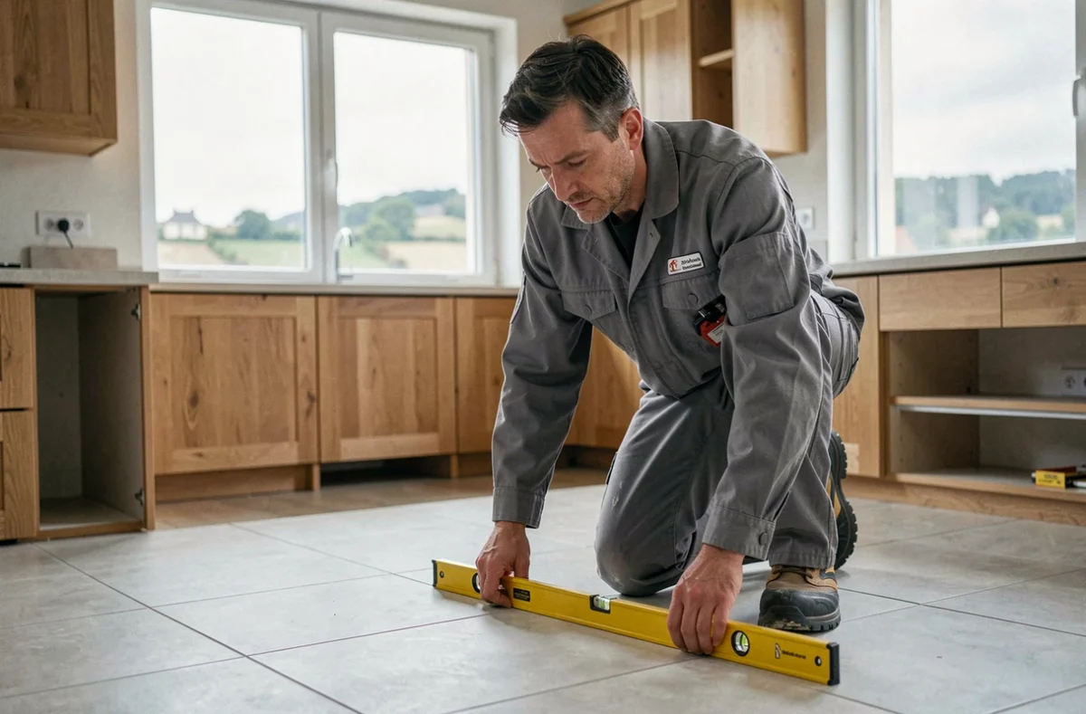 Artisan carreleur de MS Carrelage à Magny-Montarlot vérifiant l'alignement de grands carreaux en porcelaine dans une cuisine moderne avec un niveau à bulle