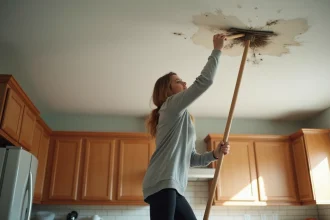 Femme utilisant un balai plafond pour nettoyer un plafond sale dans une cuisine