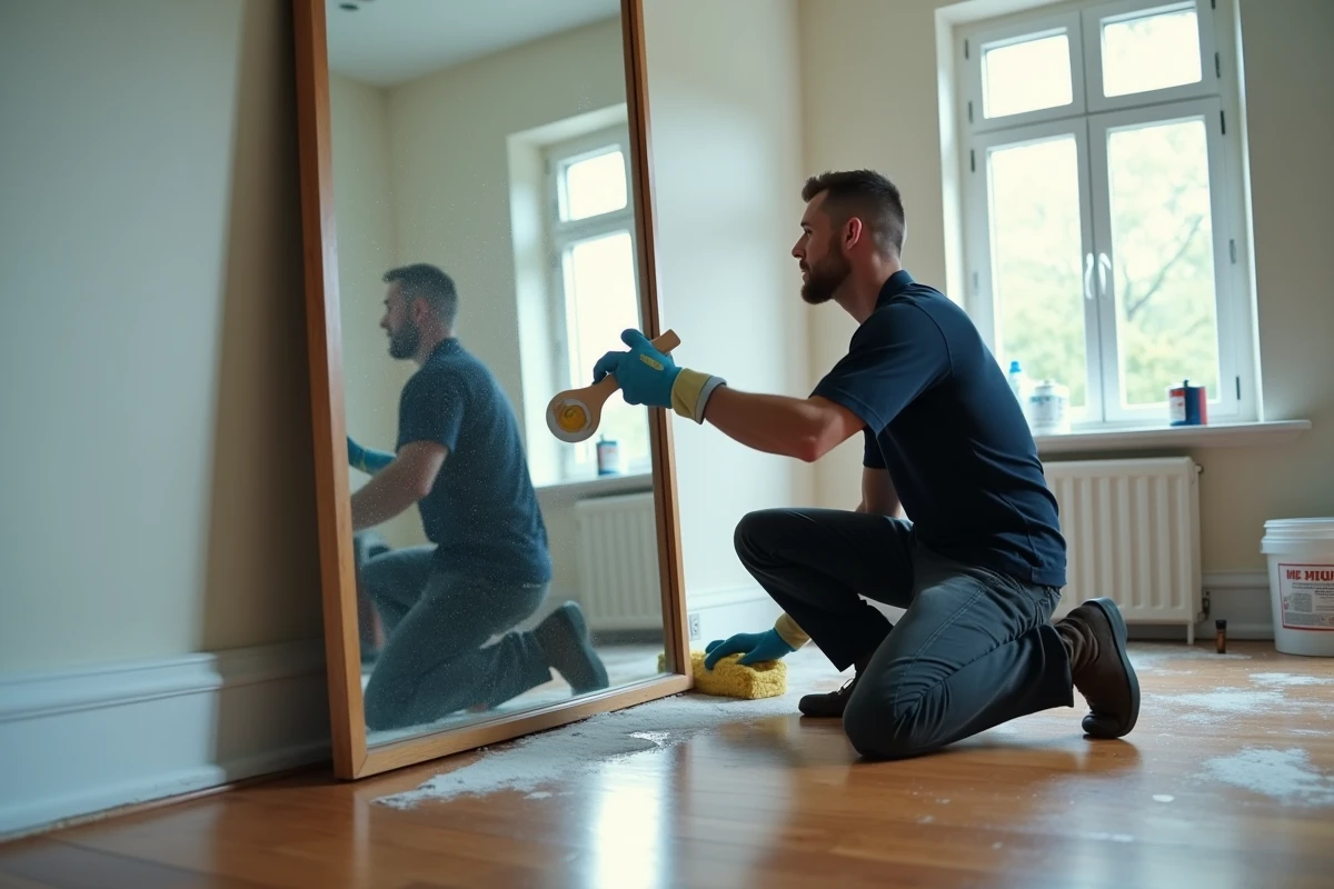 Homme nettoyant en profondeur un grand miroir posé contre un mur après des travaux de rénovation avec une solution maison