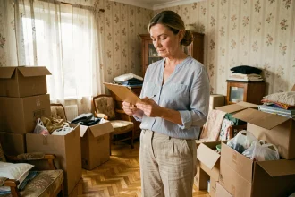 Femme organisant le débarras d'une maison encombrée avec des cartons et des meubles anciens