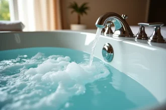 Baignoire balnéo propre avec jets d'hydromassage en fonctionnement