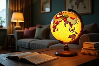 Globe lumineux illuminant un salon avec des continents et océans visibles