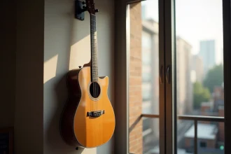 Support mural élégant pour guitare, alliant esthétique et praticité