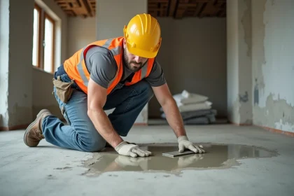 Ouvrier en travaux appliquant du ciment dans une rénovation intérieure