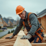 Couvreur homme positionne des poutres sur un toit en construction