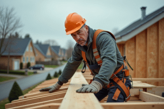 Couvreur homme positionne des poutres sur un toit en construction