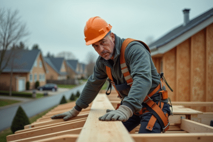 Couvreur homme positionne des poutres sur un toit en construction