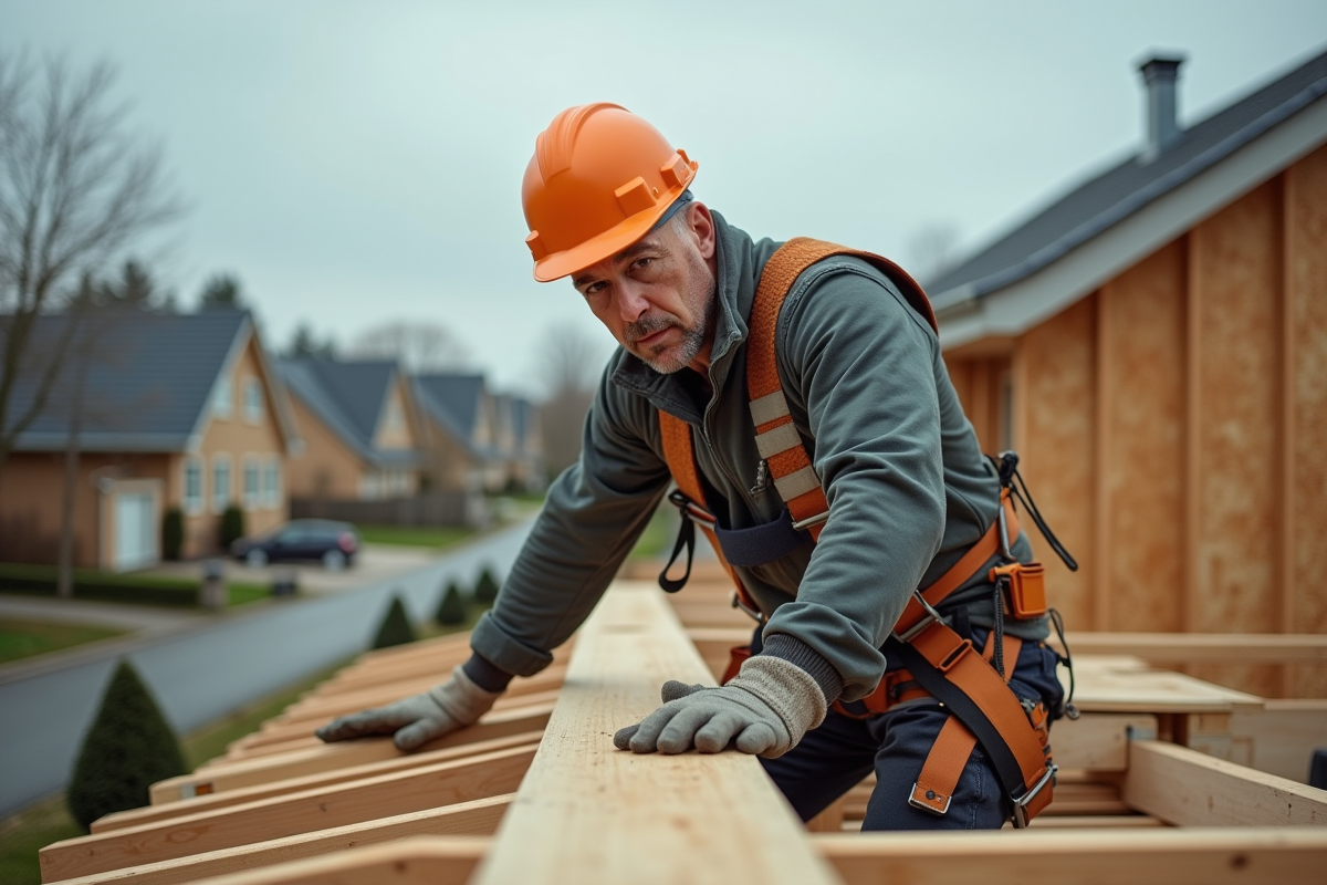 Couvreur homme positionne des poutres sur un toit en construction