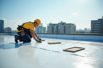 Ouvrier posant une membrane d'étanchéité sur un toit moderne