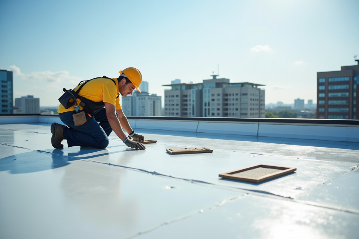 Ouvrier posant une membrane d'étanchéité sur un toit moderne